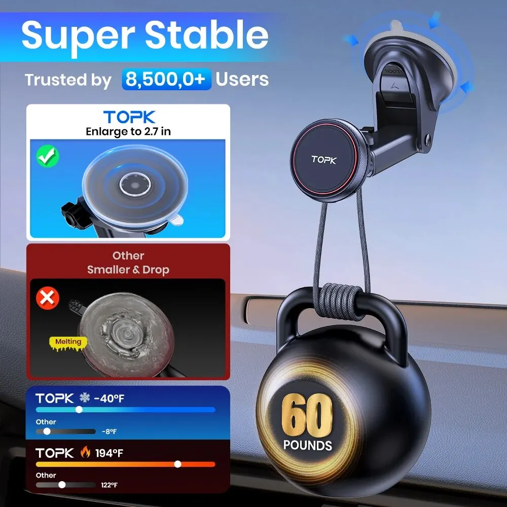 Magnetyczny uchwyt samochodowy na telefon TOPK; N52 Silny magnes na deskę rozdzielczą Przyssawka na przednią szybę Uchwyt samochodowy na telefon Regulowane ramię teleskopowe