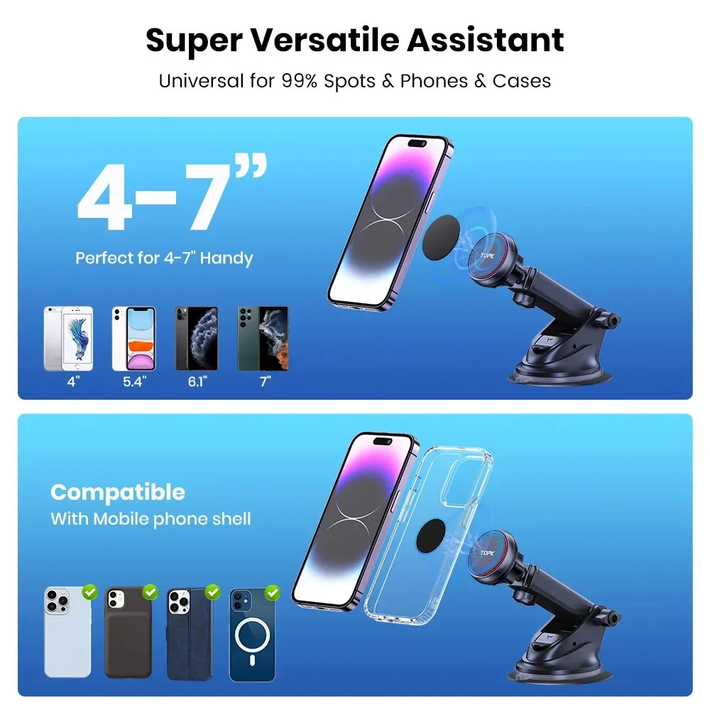Magnetyczny uchwyt samochodowy na telefon TOPK; N52 Silny magnes na deskę rozdzielczą Przyssawka na przednią szybę Uchwyt samochodowy na telefon Regulowane ramię teleskopowe